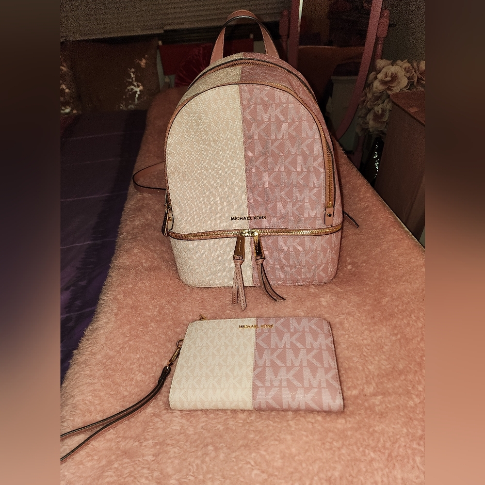 Michael Kors Pink and Gold Backpack and Wallet Set
